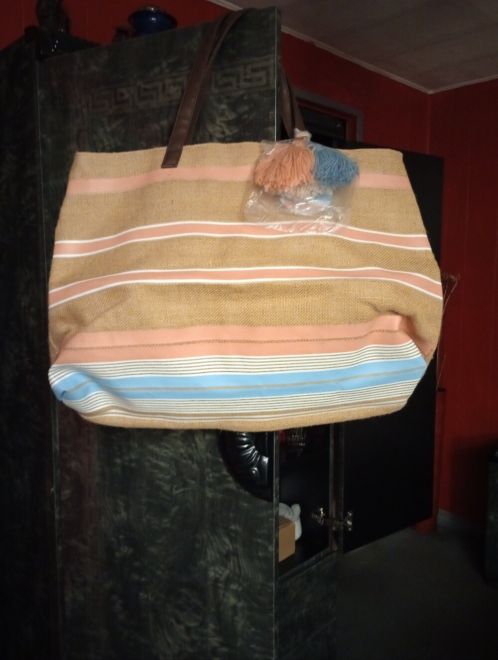 Large Cabana Life Natural Straw Tote with Peach and Light Blue Stripes